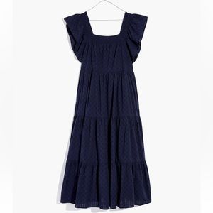 Madewell Ruffle-Sleeve Tiered Midi Dress in Textured Check Juniper Berry